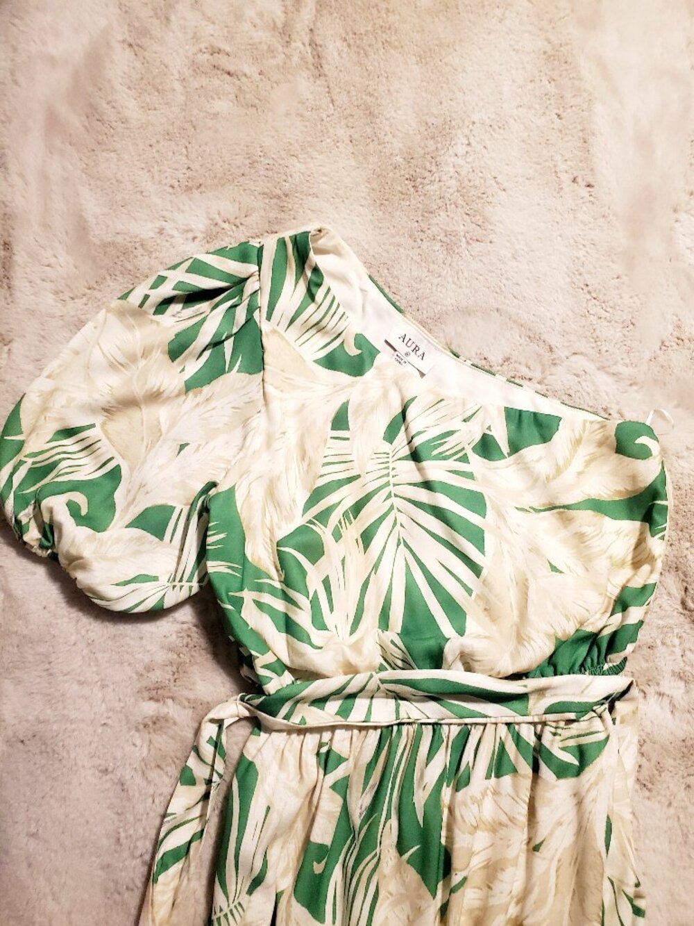 AURA One Shoulder Tropical Maxi Dress Green Palm Print Resort Size M Hawaiian - Picture 4 of 13